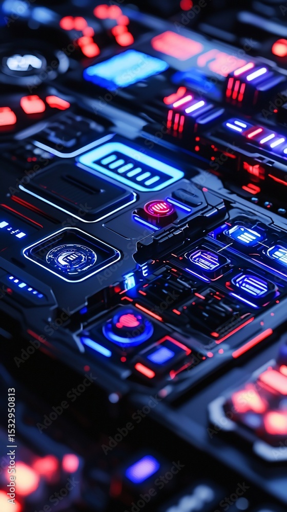 Poster futuristic circuitry: interconnected components and digital illumination details