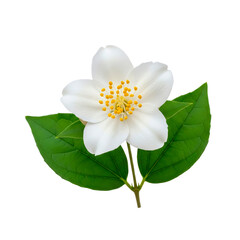 Obraz premium White jasmine flower with bright yellow stamens and rich green leaves, isolated on a transparent background.