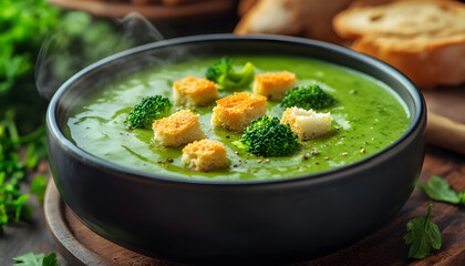 Steaming bowl broccoli soup served with croutons. Garnished fresh herbs on rustic wooden table. Creamy, healthy, vegetarian dish. Cozy culinary presentation. Home cooking, comfort food
