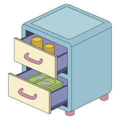 Money Cabinet outline coloring vector with Coins and Bills.