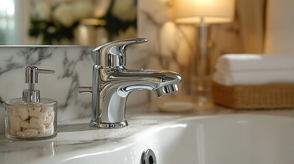 Modern bathroom faucet with soap and towels on marble sink