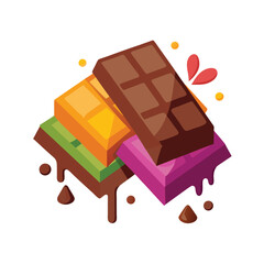 Obraz premium Colorful Chocolate Bars Stack Melted Dripping Brown Orange Green Purple
