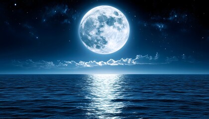 Full moon over a tranquil ocean at night.