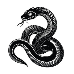Black and White Stylized Snake Illustration for Tattoo Design and Mystical Themes