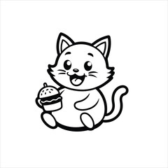 Cartoon cat holding a burger with a happy expression in black and white