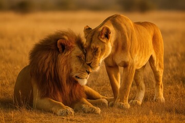 Affectionate Lions Touching Heads in the Savanna