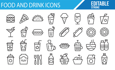 A variety of food and beverage icons in vector style for restaurant and fast food designs.

