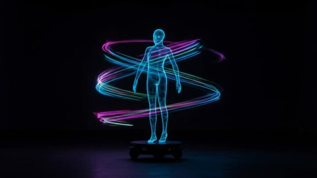 Holographic human figure encircled by colorful neon spirals in dark space seamless looping 4k time-lapse animation video background. Technology concept