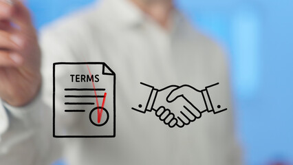 Businessman checking a box to confirm acceptance of contract terms while shaking hands, symbolizing...