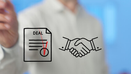 Business concept image showing a signed contract and a handshake, symbolizing a successful deal...