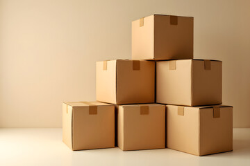 Stacked Shipping Boxes: An artful arrangement of sturdy, brown cardboard boxes, neatly stacked and ready for shipment, sitting in front of a light-toned background.