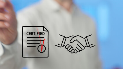 Businessman reaching for a certified document while engaging in a handshake agreement, representing...