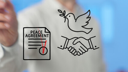 Businessman is signing a peace agreement, symbolized by a handshake and a dove carrying an olive...