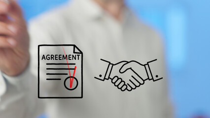 Businessman displaying a signed agreement alongside a handshake, representing the essence of a...