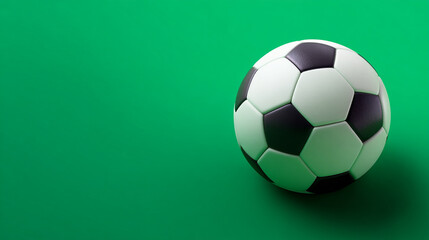 A soccer ball on a green background with copy space