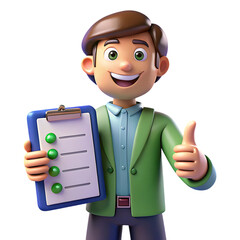 3D Cartoon Character Holding Checklist Clipboard