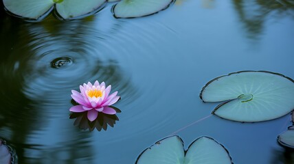 Close up of a pink water lily with yellow center floating on water with lily pads and ripples seen