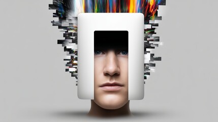 A young male with a futuristic design, experiencing a burst of digital creativity.