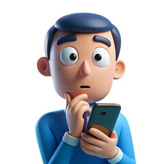 3D Cartoon Character Holding Smartphone with Thoughtful Expression