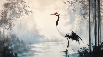 Fototapeta premium Crane stands in a misty landscape with trees and water in the background.