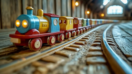 Wooden toy train on track in attic, lights glow, window view