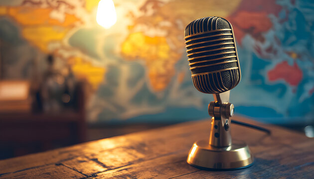 Vintage podcast microphone stands against world map background. Retro audio recording equipment for broadcasting, media, travel vlog, explore global destinations