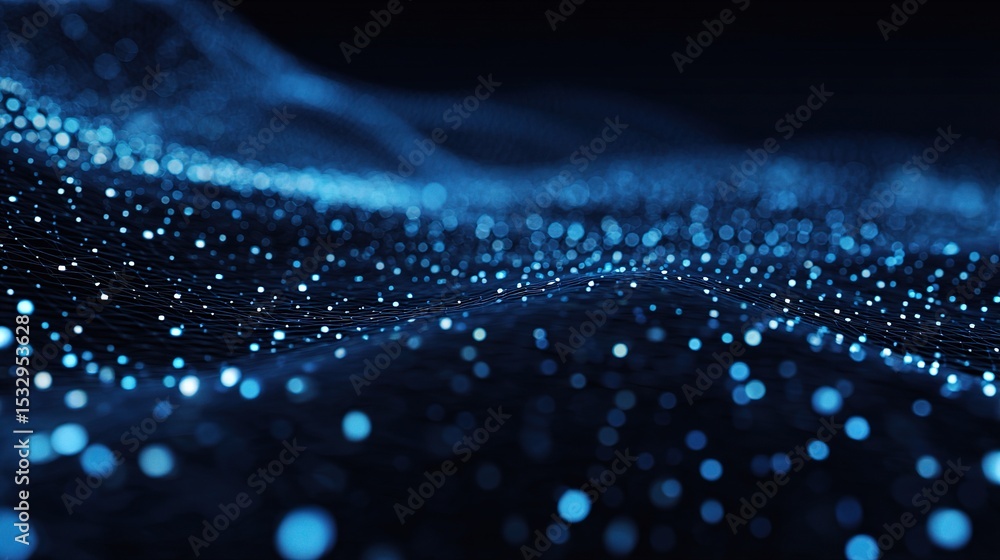 Poster pulsing blue holographic data field with nodes and gigapixel scale