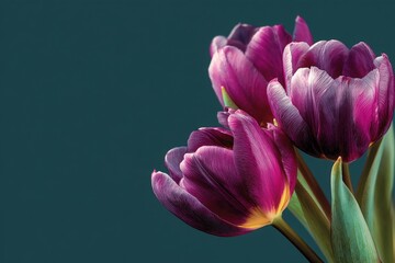 Vibrant purple tulips with delicate petals and lush green leaves, beautifully arranged against a soft dark background, showcasing the elegance of floral beauty and nature's artistry