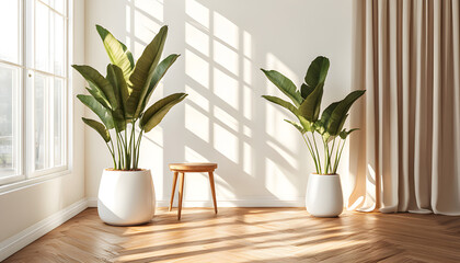 Bright airy interior with sunlight shadows. White walls, hardwood floor, potted plants and table. Modern minimalist design. Home decor concept