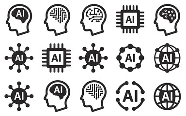 Collection of artificial intelligence ai icons featuring heads circuits and global network symbols in black