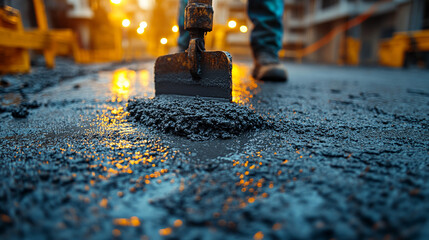 Worker leveling concrete at sunset on construction site