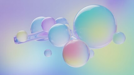 A group of iridescent spheres and a glass like structure floating in a pastel colored space