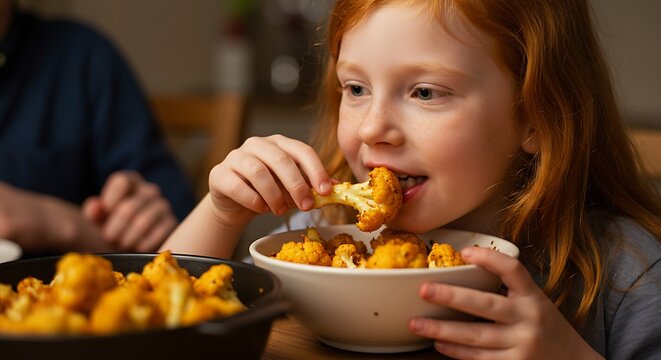 Adorable Redhead Child Enjoying Delicious Baked Cauliflower Bites