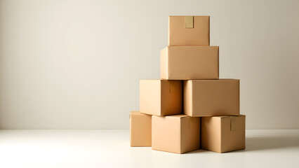 Stacked Cardboard Boxes: A neat stack of various-sized cardboard boxes, arranged in a pyramid against a subtly textured backdrop, suggests a variety of themes from moving to storage.