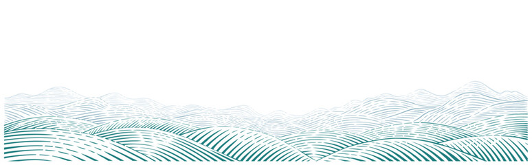 Monochrome engraved-style vector landscape featuring rolling hills and mountain ridges. Topographic line art with clean strokes, scalable for print and digital use.