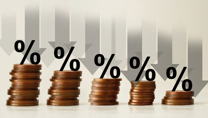 Percentage model and down arrow with coin stack. Key concepts for success, methods, systems of...
