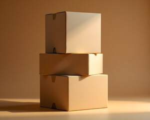 Stacked Cardboard Boxes: Minimalist composition, these three boxes, meticulously arranged atop one another. This image encapsulates themes of storage, and delivery.