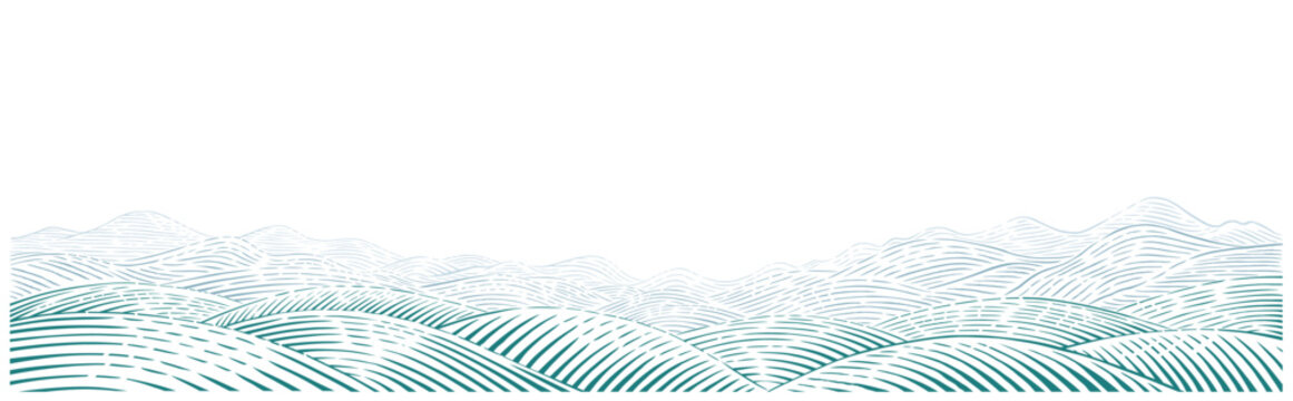 Monochrome engraved-style vector landscape featuring rolling hills and mountain ridges. Topographic line art with clean strokes, scalable for print and digital use.