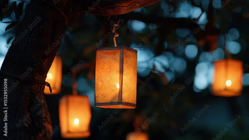 Poster Warm glow of lanterns hanging from a tree during twilight hours in a serene outdoor setting