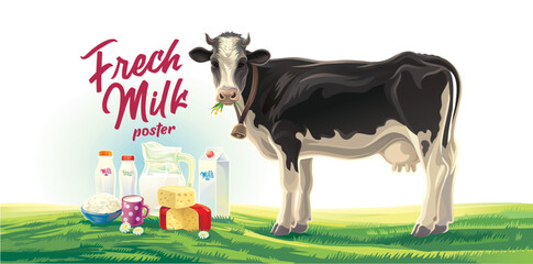Cow and a set of dairy products (cheese, milk, yogurt) against a rural landscape. Vector illustration for a dairy products poster