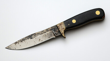 Worn hunting knife on white background, ready for use