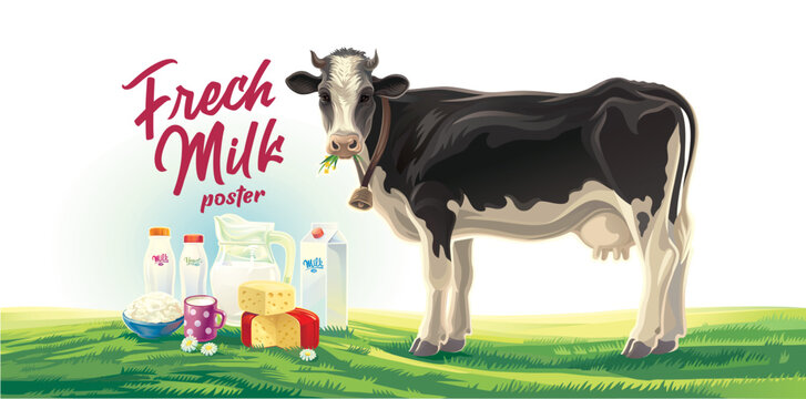 Cow and a set of dairy products (cheese, milk, yogurt) against a rural landscape. Vector illustration for a dairy products poster