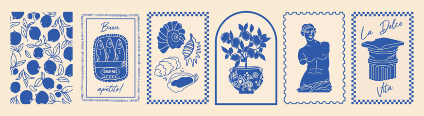 Italy summer print. Hand drawn postcard set. Amalfi, lemon, wine, statue, frame.Blue coast vibe. Vintage travel style. Simple dolce vita look.  © Loya.art