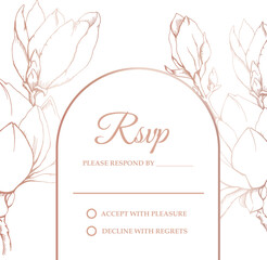 Elegant RSVP card with delicate line art of magnolia flowers in soft beige and a minimalist layout. Vector template Ideal for wedding and sophisticated event responses