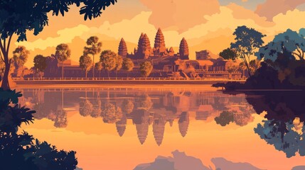 Temple complex reflected in water at sunset with trees framing the scene.