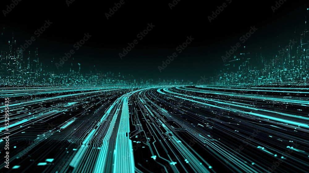 Poster futuristic highway with neon cyan data streams in deep space