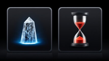 Glowing ice crystal and hourglass symbolizing time and clarity.