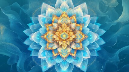 Abstract floral design with fractal patterns in blue white and gold colors.
