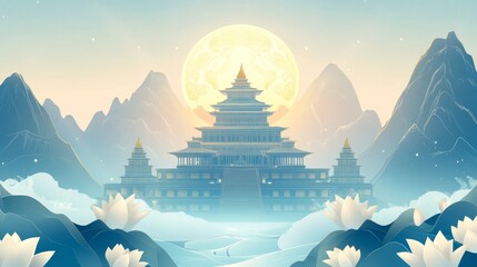 Asian temple surrounded by mountains and clouds with a large sun or moon.