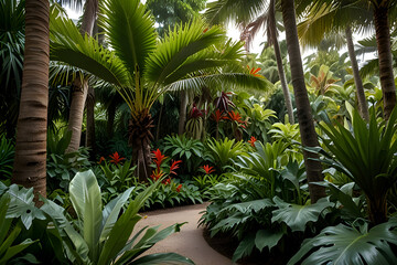 Lush tropical garden filled with palm trees, large green leaves and colorful plants